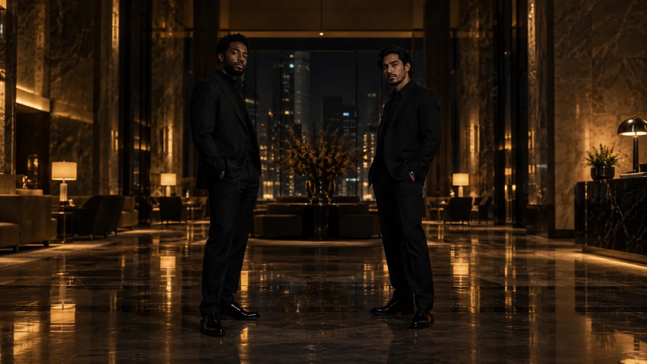 Two performers standing in a dim hotel lobby with warm rim light and generous space.